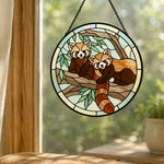 Whimsical tree branch red pandas stained glass suncatcher window hanging, suitable for home and garden decoration