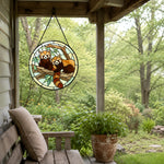 Whimsical tree branch red pandas stained glass suncatcher window hanging, suitable for home and garden decoration