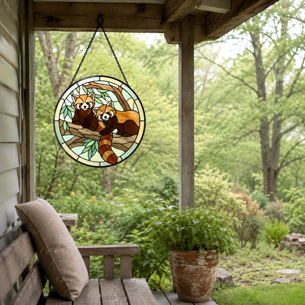 Whimsical tree branch red pandas stained glass suncatcher window hanging, suitable for home and garden decoration