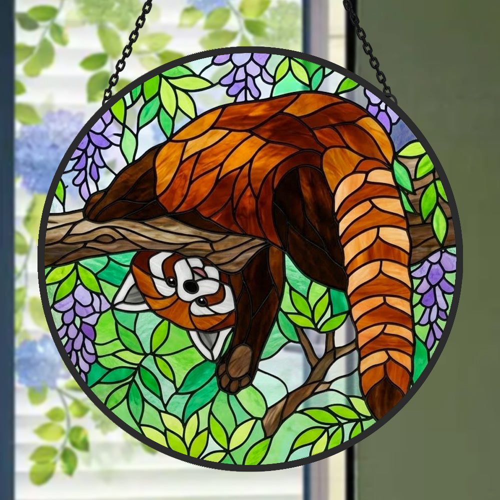 Whimsical upside down red panda stained glass suncatcher window hanging, suitable for home and garden decoration