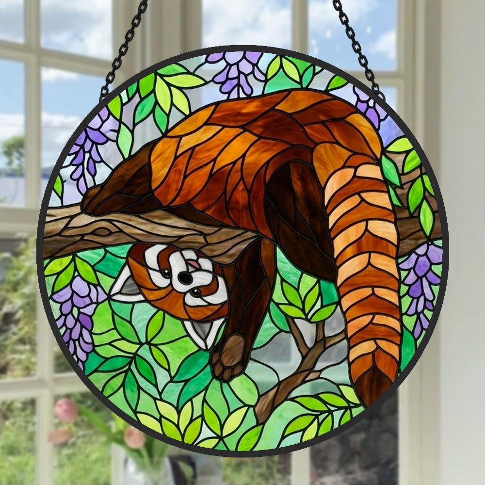 Whimsical upside down red panda stained glass suncatcher window hanging, suitable for home and garden decoration