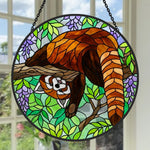 Whimsical upside down red panda stained glass suncatcher window hanging, suitable for home and garden decoration