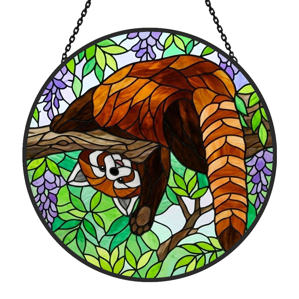 Whimsical upside down red panda stained glass suncatcher window hanging, suitable for home and garden decoration