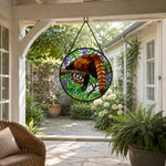 Whimsical upside down red panda stained glass suncatcher window hanging, suitable for home and garden decoration