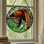 Whimsical upside down red panda stained glass suncatcher window hanging, suitable for home and garden decoration