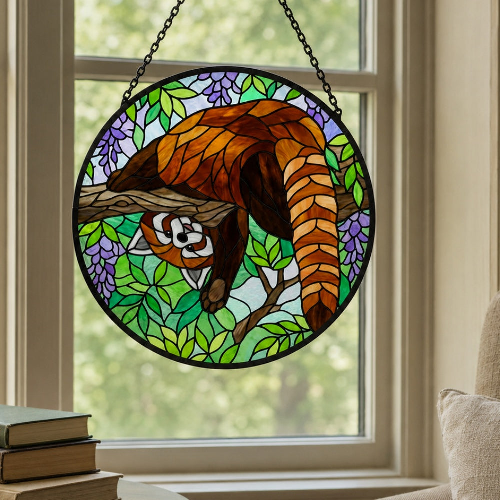 Whimsical upside down red panda stained glass suncatcher window hanging, suitable for home and garden decoration