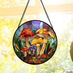 Whimsical wild mushroom stained glass suncatcher window hanging, suitable for home and garden decoration