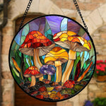 Whimsical wild mushroom stained glass suncatcher window hanging, suitable for home and garden decoration