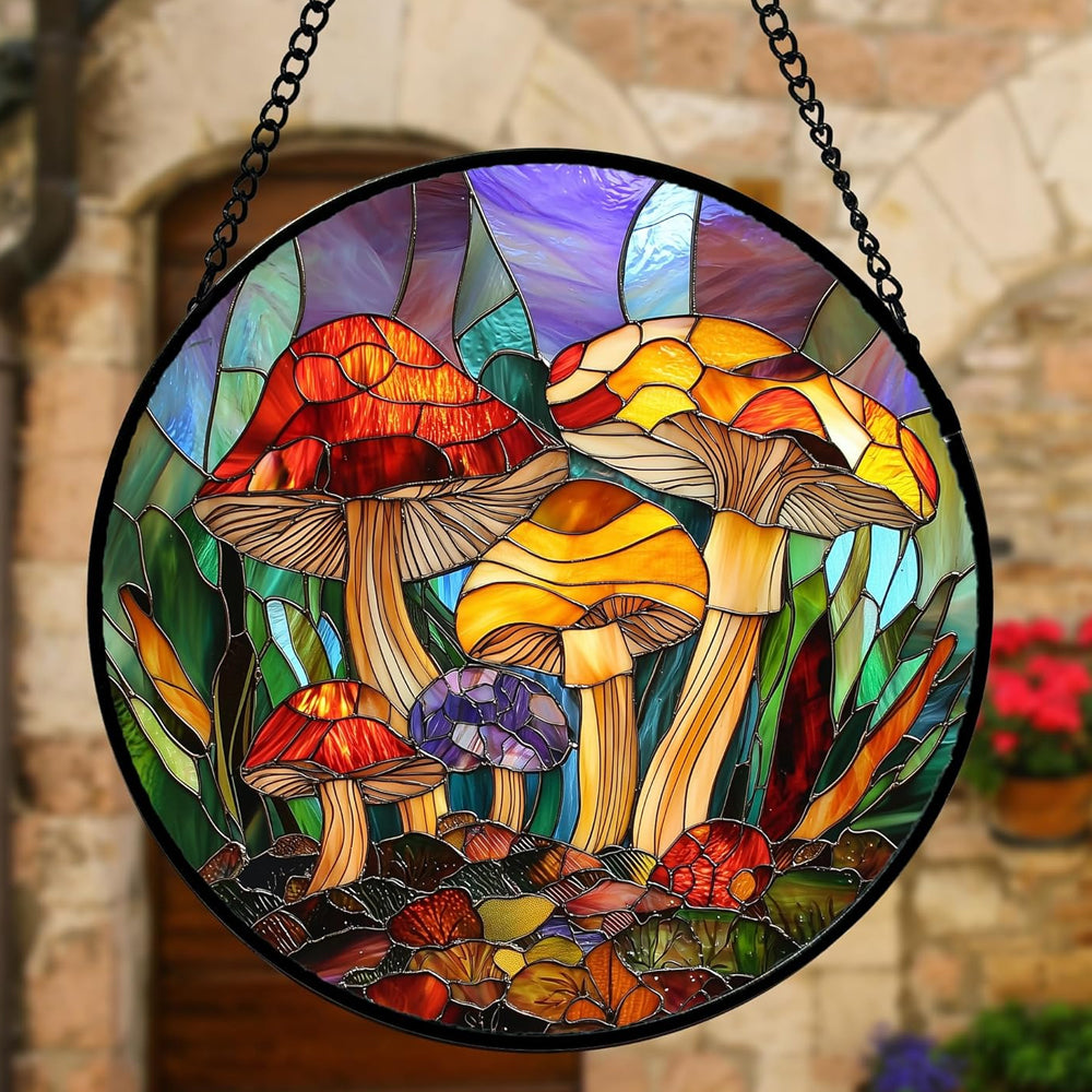 Whimsical wild mushroom stained glass suncatcher window hanging, suitable for home and garden decoration