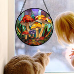 Whimsical wild mushroom stained glass suncatcher window hanging, suitable for home and garden decoration