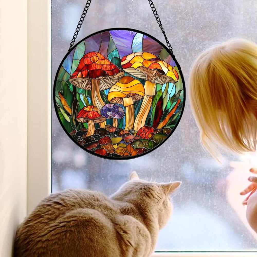 Whimsical wild mushroom stained glass suncatcher window hanging, suitable for home and garden decoration