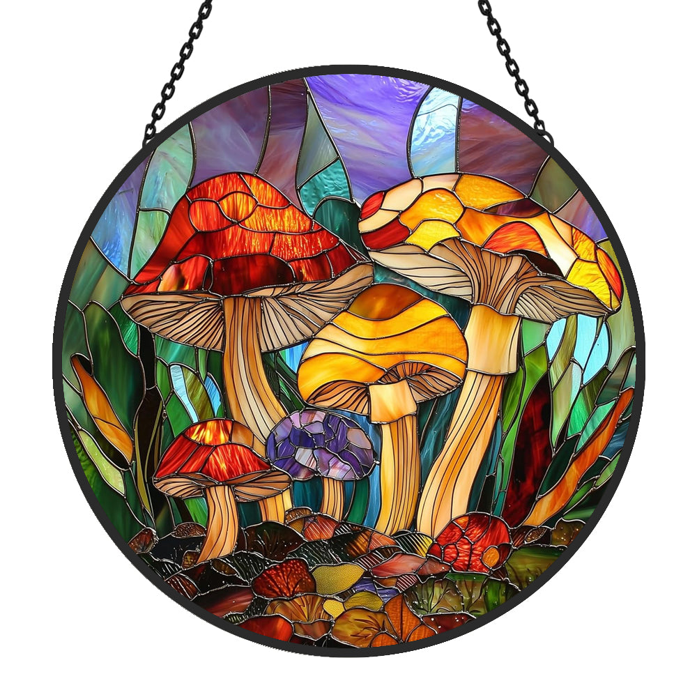 Whimsical wild mushroom stained glass suncatcher window hanging, suitable for home and garden decoration