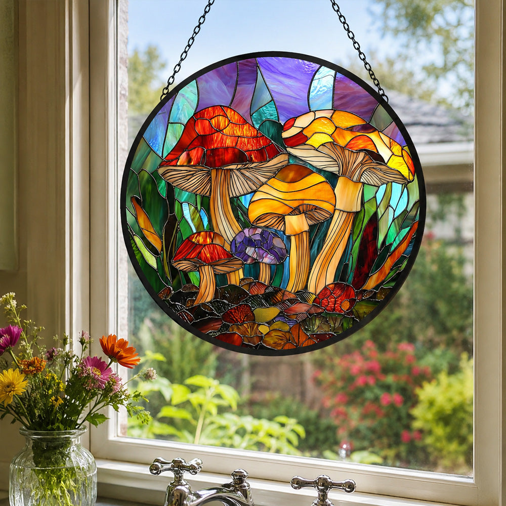 Whimsical wild mushroom stained glass suncatcher window hanging, suitable for home and garden decoration