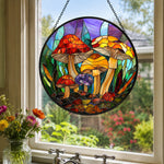Whimsical wild mushroom stained glass suncatcher window hanging, suitable for home and garden decoration