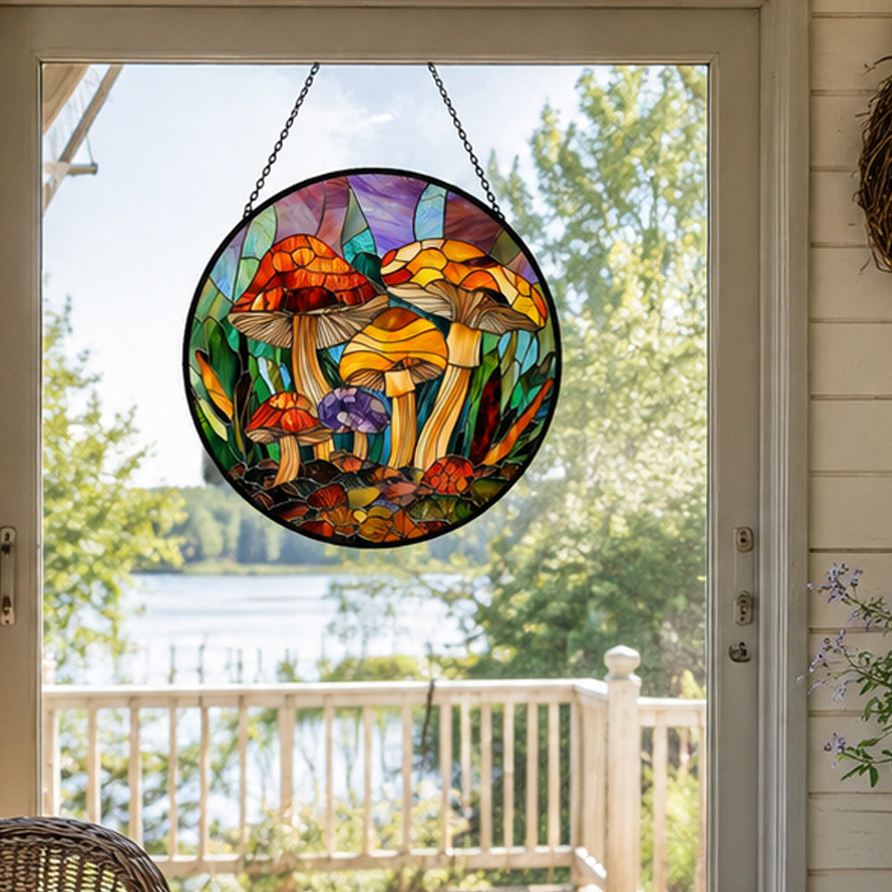Whimsical wild mushroom stained glass suncatcher window hanging, suitable for home and garden decoration