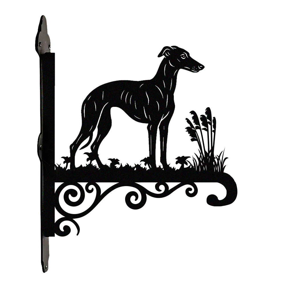 Whippet metal hanging basket bracket mounted on outdoor wall for plant decoration
