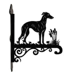 Whippet metal hanging basket bracket mounted on outdoor wall for plant decoration