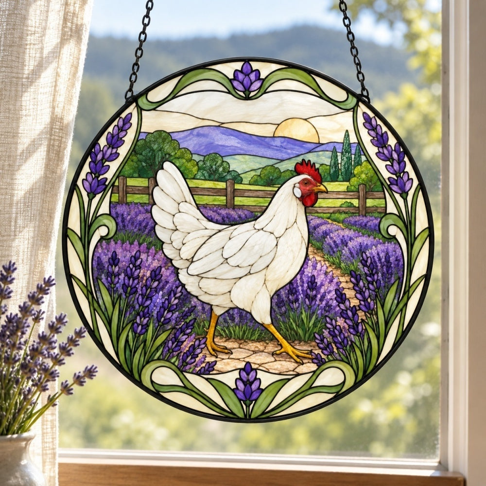 White hen stained glass suncatcher window hanging, suitable for home and garden decoration