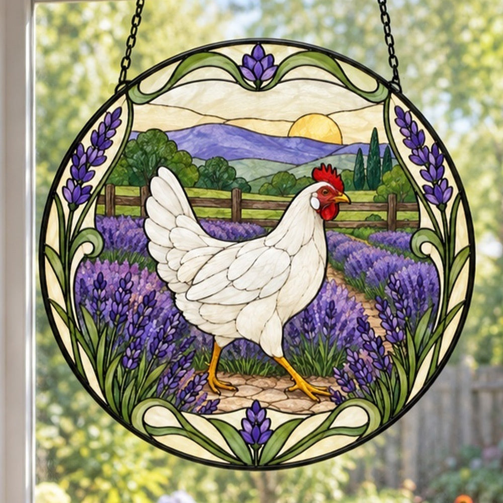 White hen stained glass suncatcher window hanging, suitable for home and garden decoration