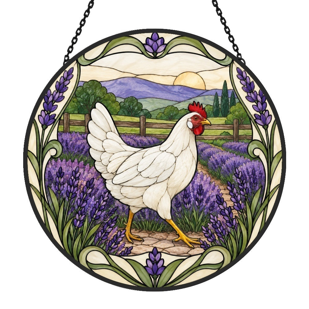 White hen stained glass suncatcher window hanging, suitable for home and garden decoration