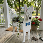 White Swiss Shepherd Dog planter filled with fresh flowers is placed in the garden