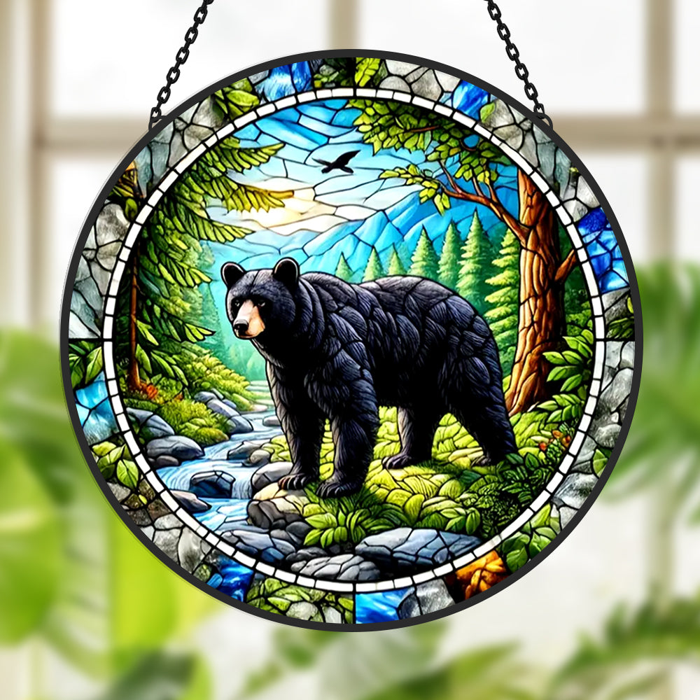Wild black bear mountain stained glass suncatcher window hanging, suitable for home and garden decoration