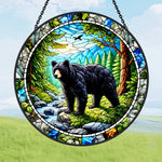 Wild black bear mountain stained glass suncatcher window hanging, suitable for home and garden decoration