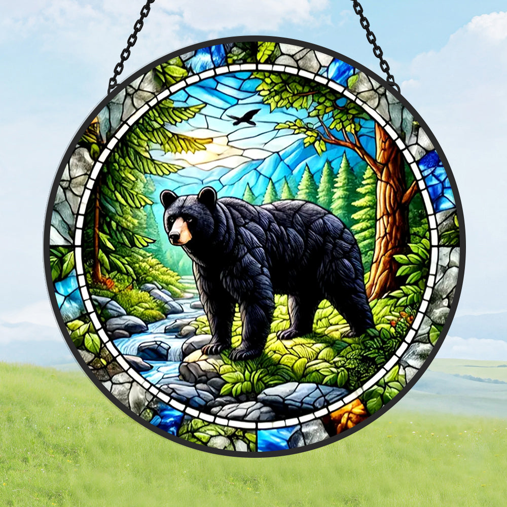 Wild black bear mountain stained glass suncatcher window hanging, suitable for home and garden decoration