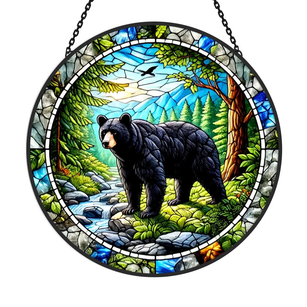 Wild black bear mountain stained glass suncatcher window hanging, suitable for home and garden decoration