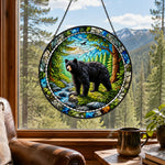 Wild black bear mountain stained glass suncatcher window hanging, suitable for home and garden decoration
