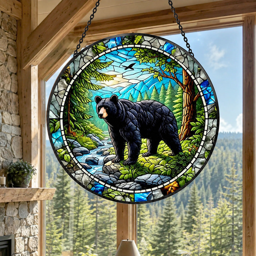 Wild black bear mountain stained glass suncatcher window hanging, suitable for home and garden decoration
