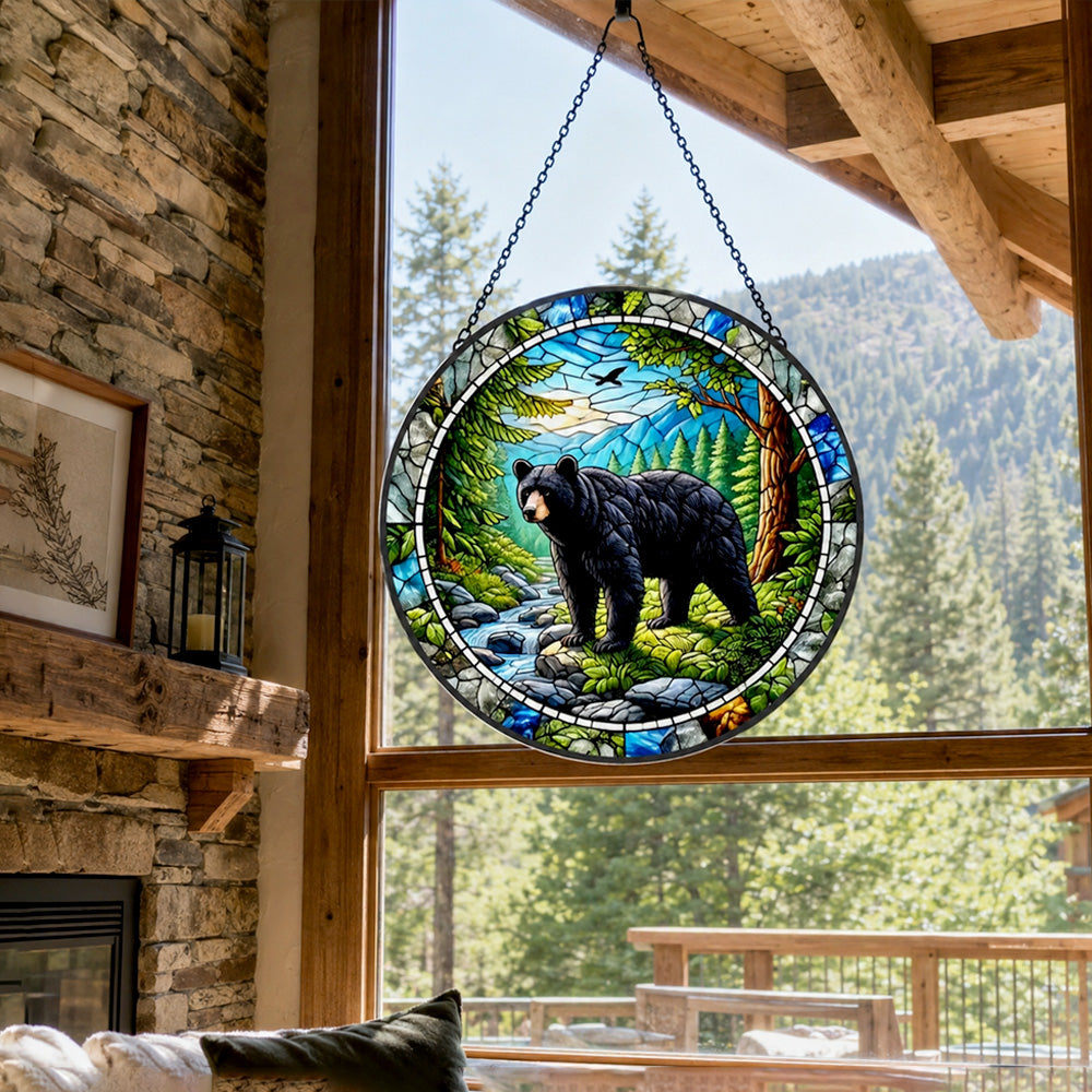 Wild black bear mountain stained glass suncatcher window hanging, suitable for home and garden decoration