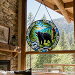 Wild black bear mountain stained glass suncatcher window hanging, suitable for home and garden decoration