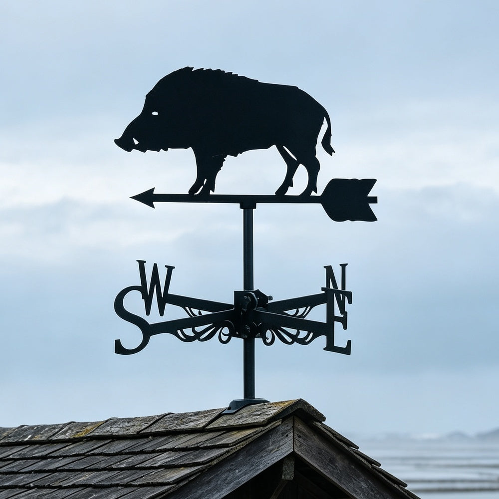 Wild boar metal weather vane with directional arrows and mounting rod, outdoor roof and garden decoration