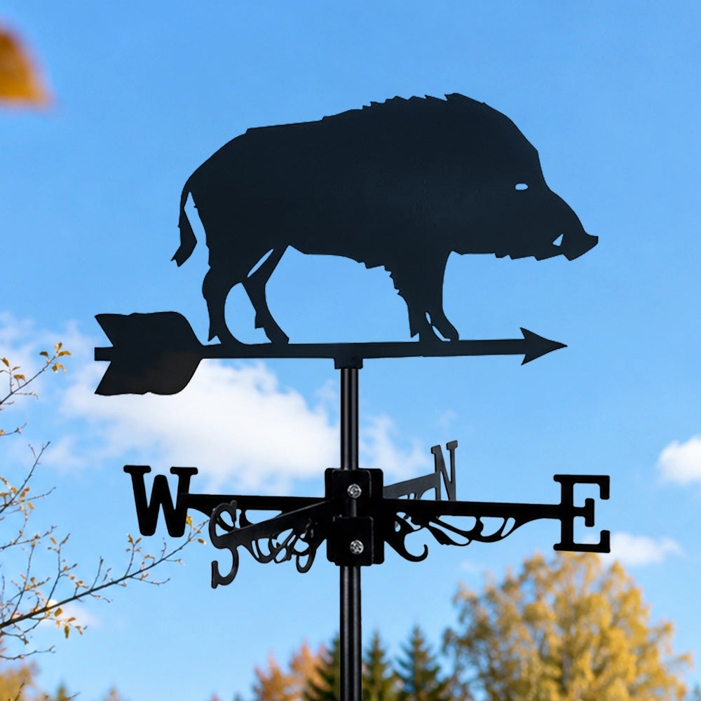 Wild boar metal weather vane with directional arrows and mounting rod, outdoor roof and garden decoration