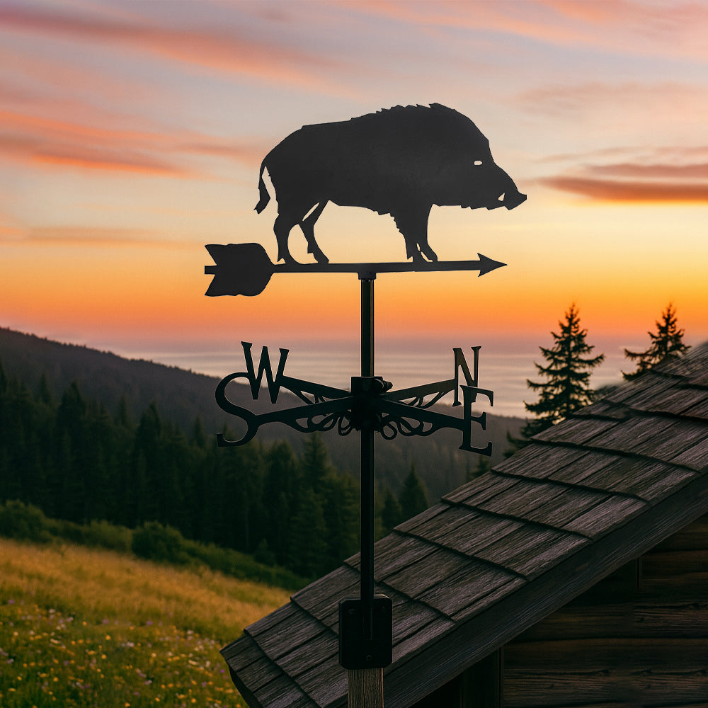 Wild boar metal weather vane with directional arrows and mounting rod, outdoor roof and garden decoration