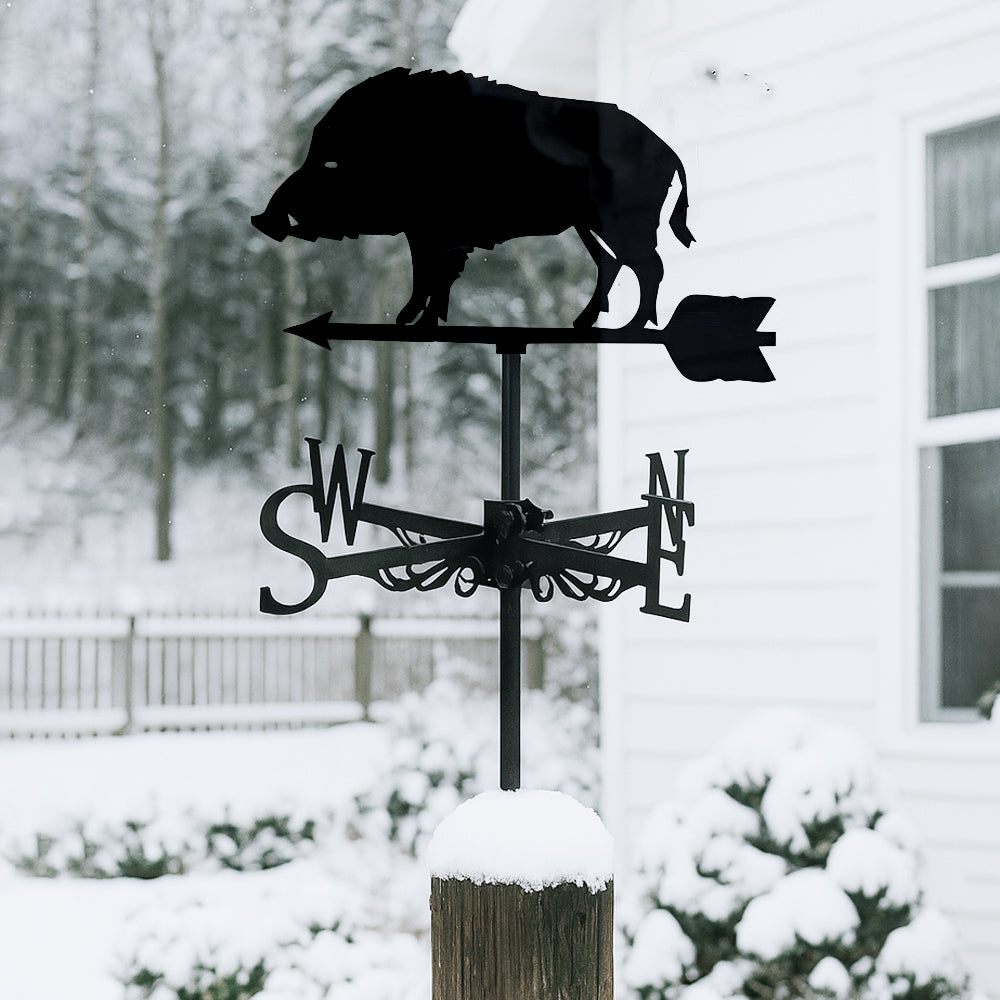 Wild boar metal weather vane with directional arrows and mounting rod, outdoor roof and garden decoration