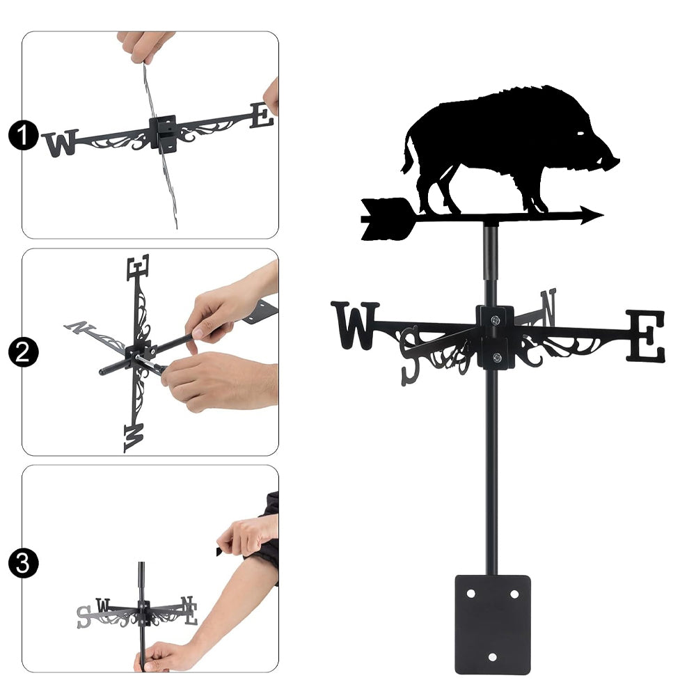 Wild boar metal weather vane with directional arrows and mounting rod, outdoor roof and garden decoration