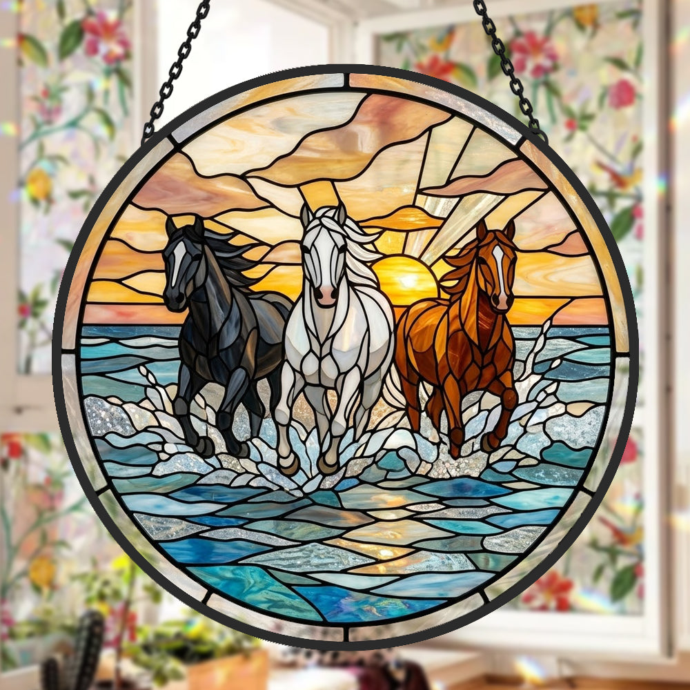 Wild ocean running horses trio stained glass suncatcher window hanging, suitable for home and garden decoration