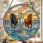 Wild ocean running horses trio stained glass suncatcher window hanging, suitable for home and garden decoration