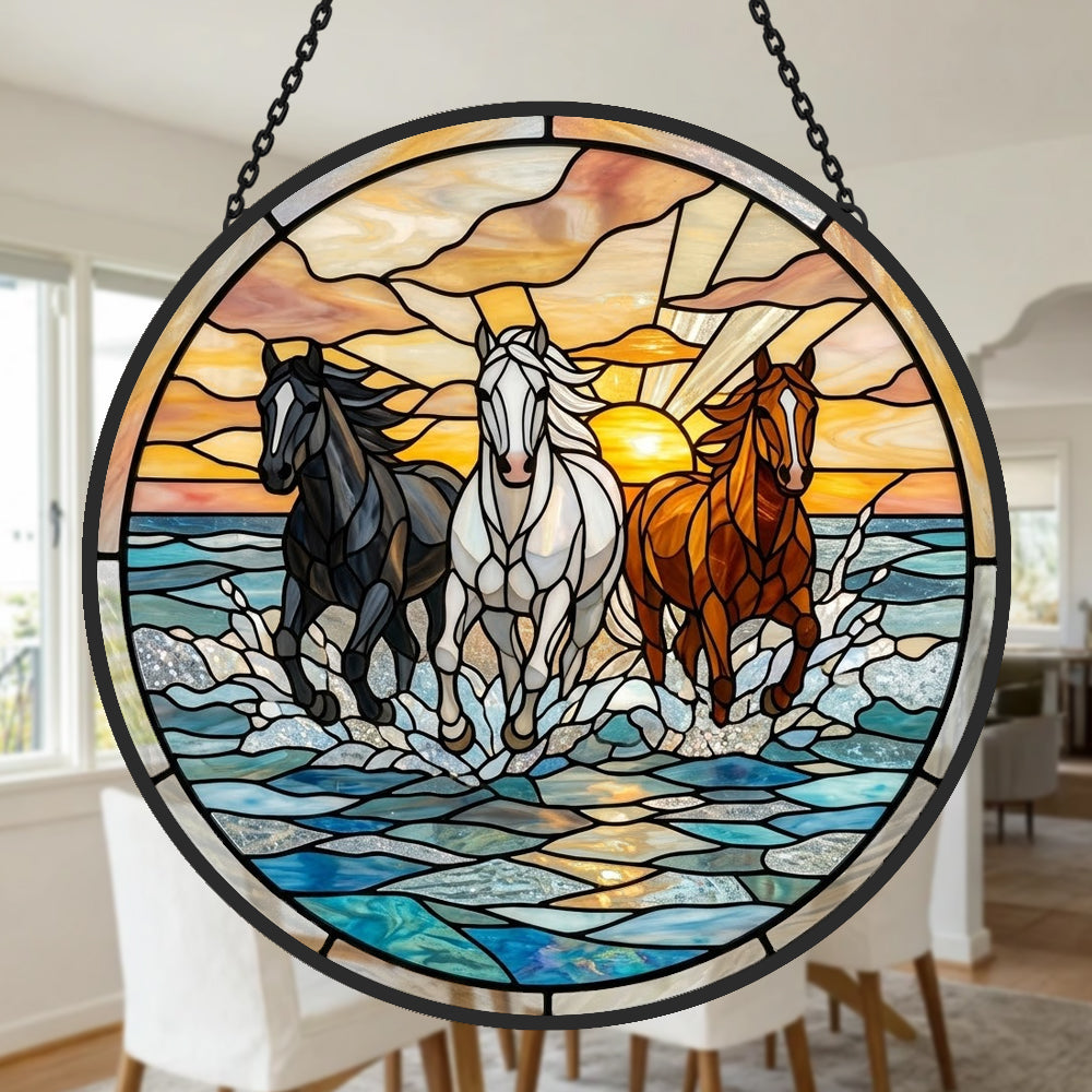 Wild ocean running horses trio stained glass suncatcher window hanging, suitable for home and garden decoration