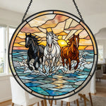 Wild ocean running horses trio stained glass suncatcher window hanging, suitable for home and garden decoration