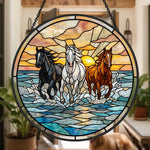 Wild ocean running horses trio stained glass suncatcher window hanging, suitable for home and garden decoration