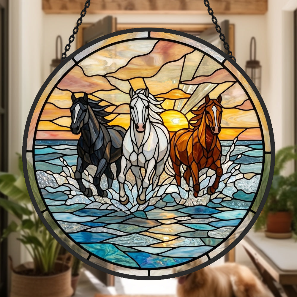 Wild ocean running horses trio stained glass suncatcher window hanging, suitable for home and garden decoration