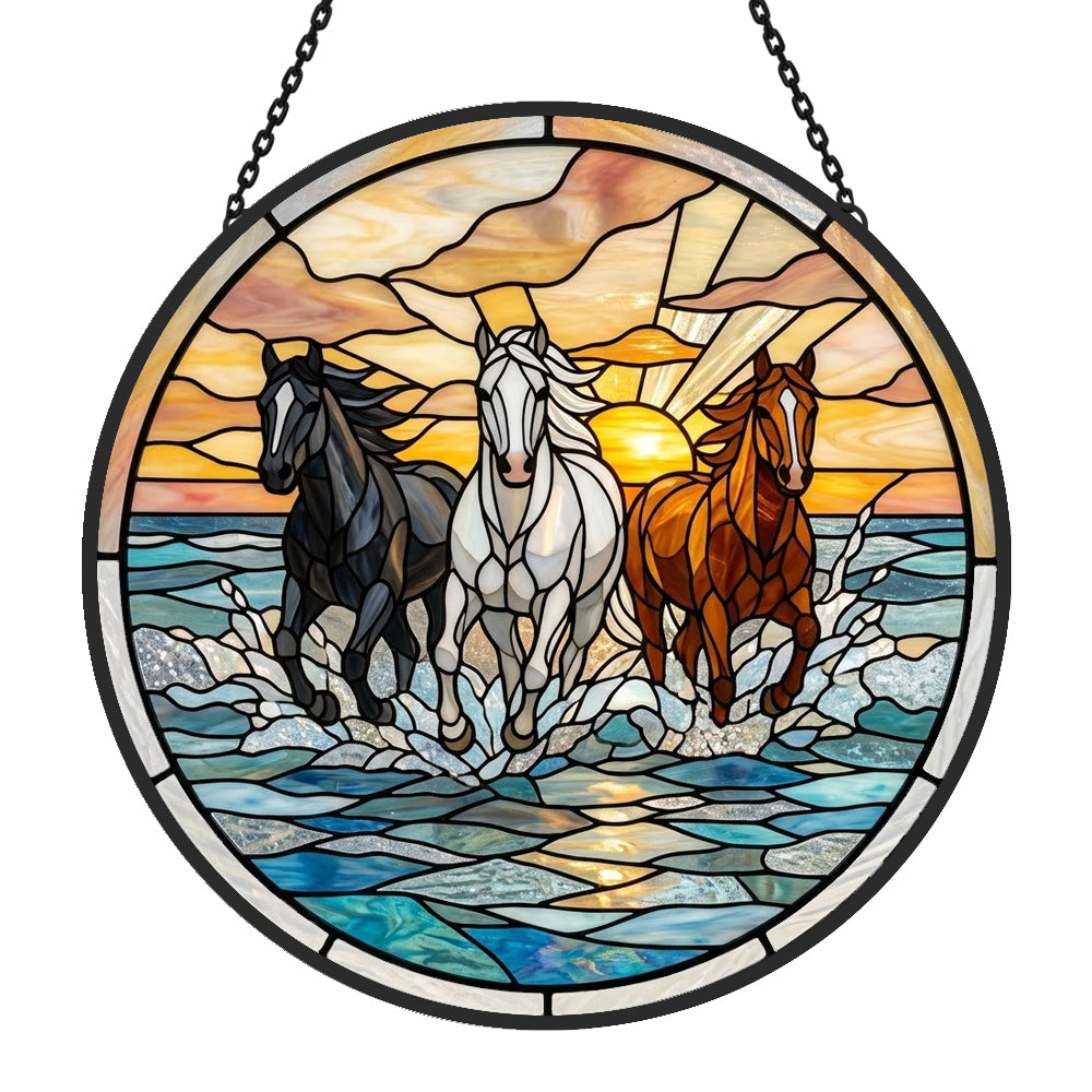 Wild ocean running horses trio stained glass suncatcher window hanging, suitable for home and garden decoration