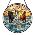 Wild ocean running horses trio stained glass suncatcher window hanging, suitable for home and garden decoration