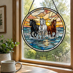 Wild ocean running horses trio stained glass suncatcher window hanging, suitable for home and garden decoration