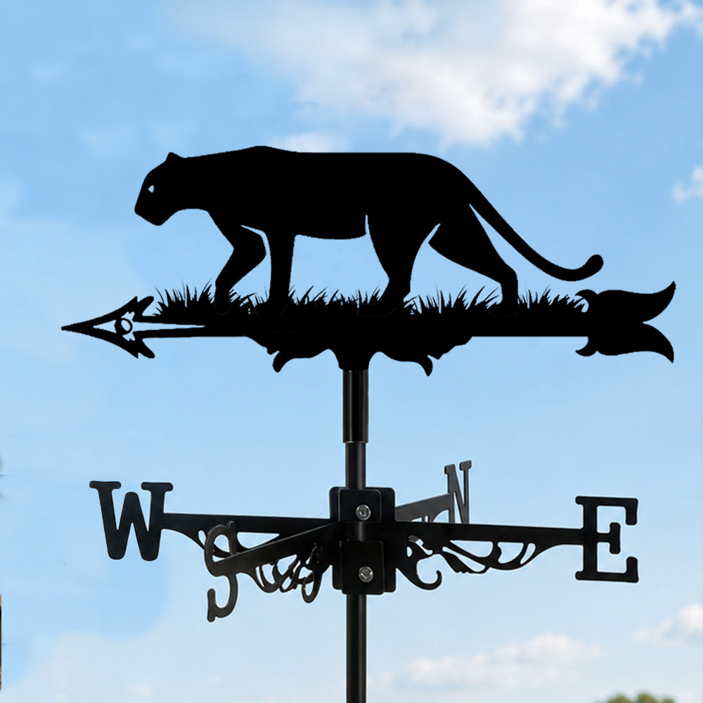 Wild panther metal weather vane with directional arrows and mounting rod, outdoor roof and garden decoration
