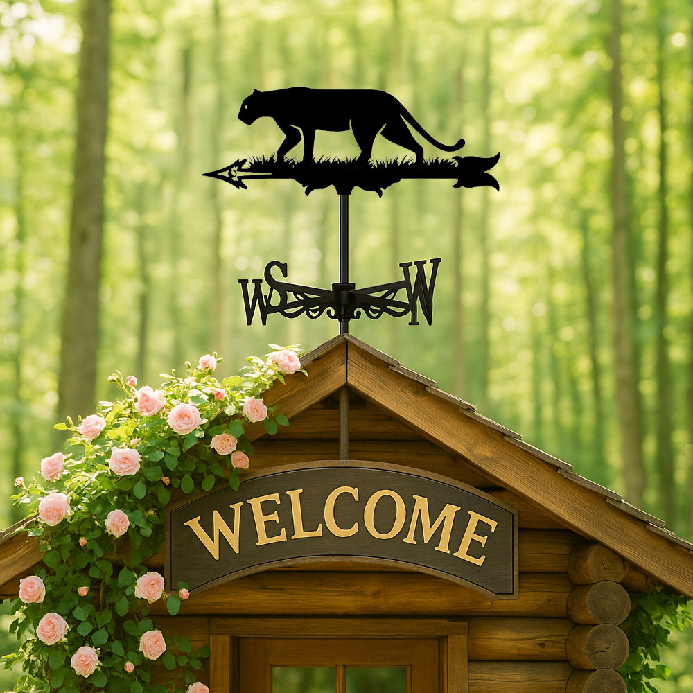 Wild panther metal weather vane with directional arrows and mounting rod, outdoor roof and garden decoration
