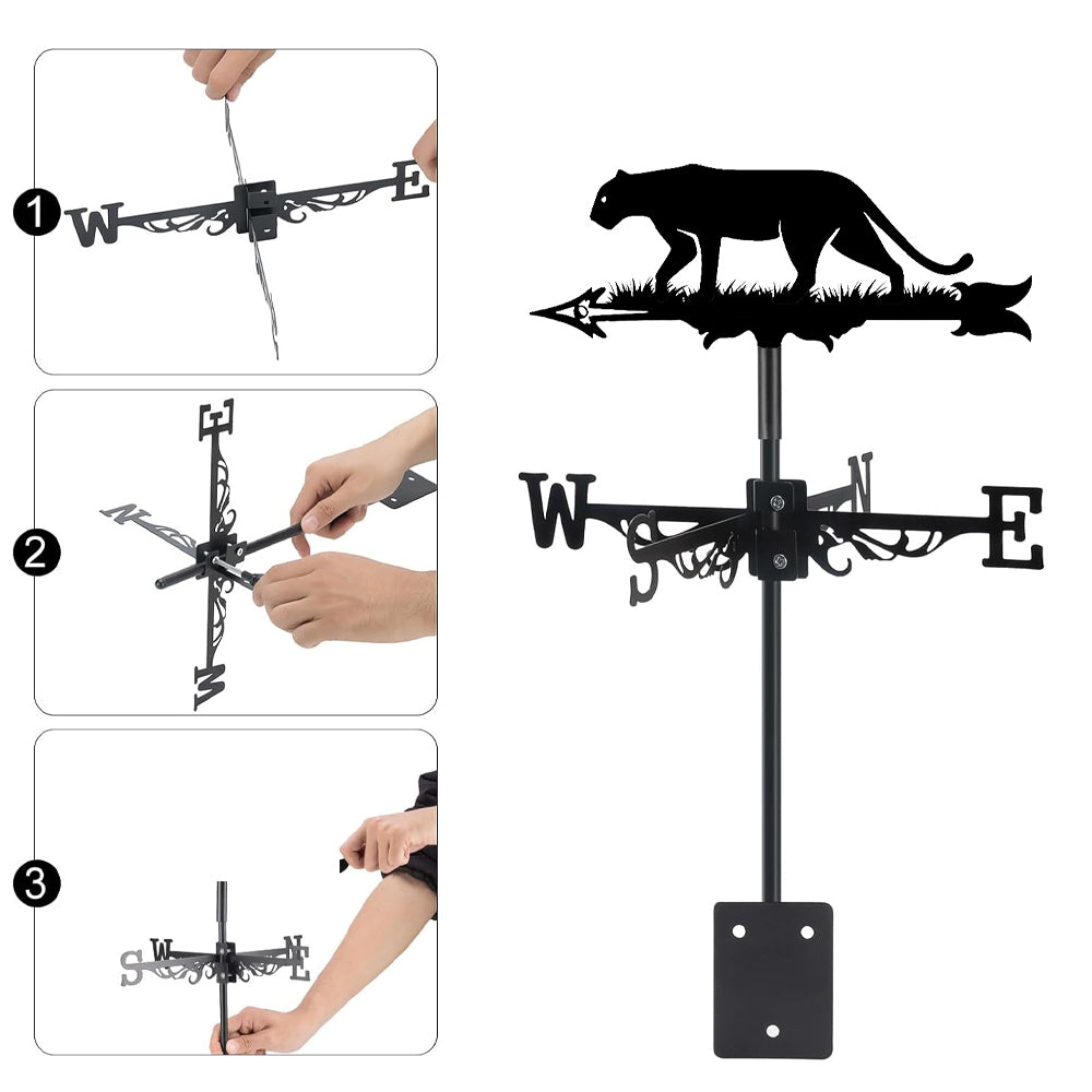 Wild panther metal weather vane with directional arrows and mounting rod, outdoor roof and garden decoration